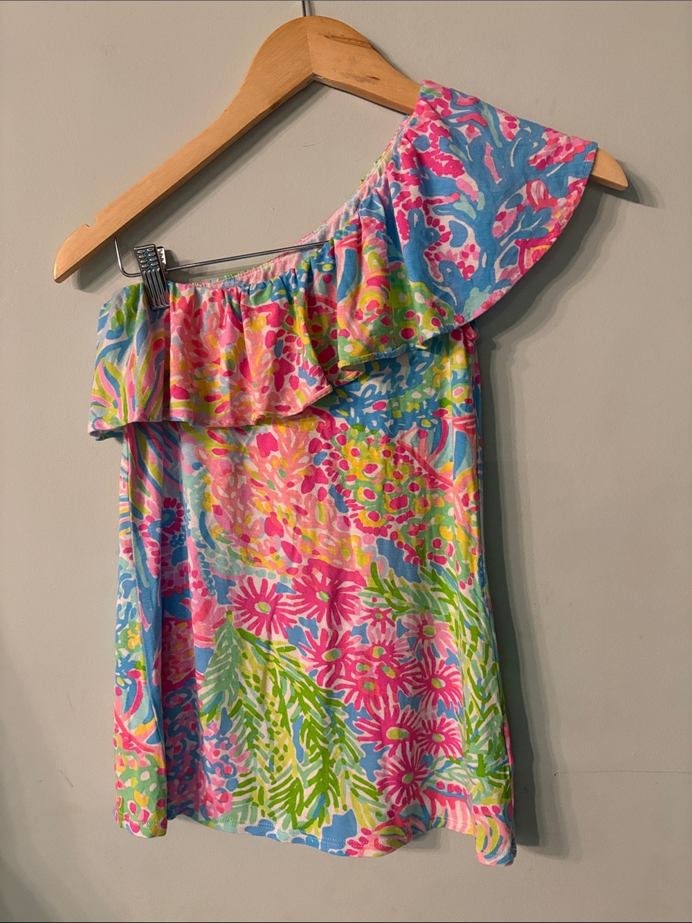 Lilly Pulitzer Coral Print One-Shoulder Ruffle Floral Bright Multicolor XXS